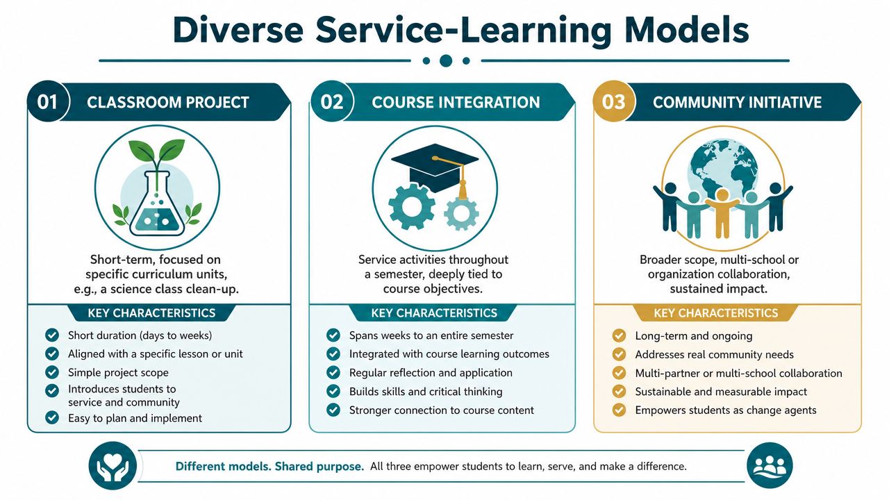 An infographic illustrating three distinct service-learning models: classroom project, course integration, and community initiative with key characteristics.