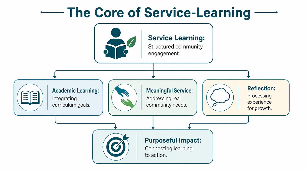 A diagram illustrating the core components of service learning including academic, service, reflection, and purposeful impact.