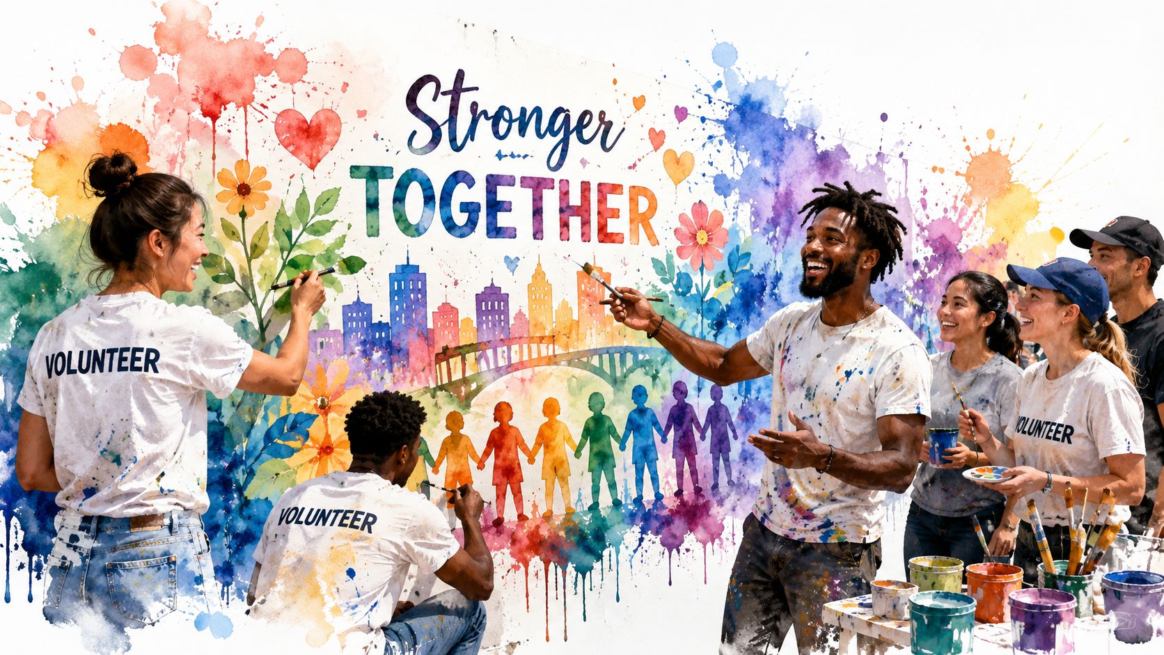 A diverse group of cheerful volunteers painting a vibrant mural featuring the text Stronger Together outdoors.