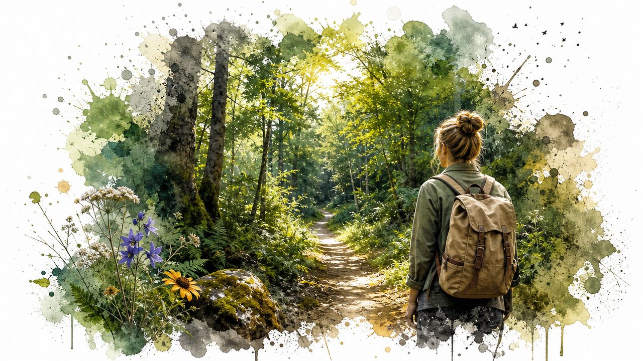 A woman with a backpack hiking along a scenic forest path surrounded by vibrant watercolor flowers