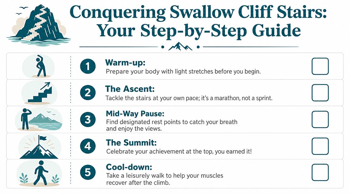 A five-step guide on how to safely climb and conquer the Swallow Cliff stairs.