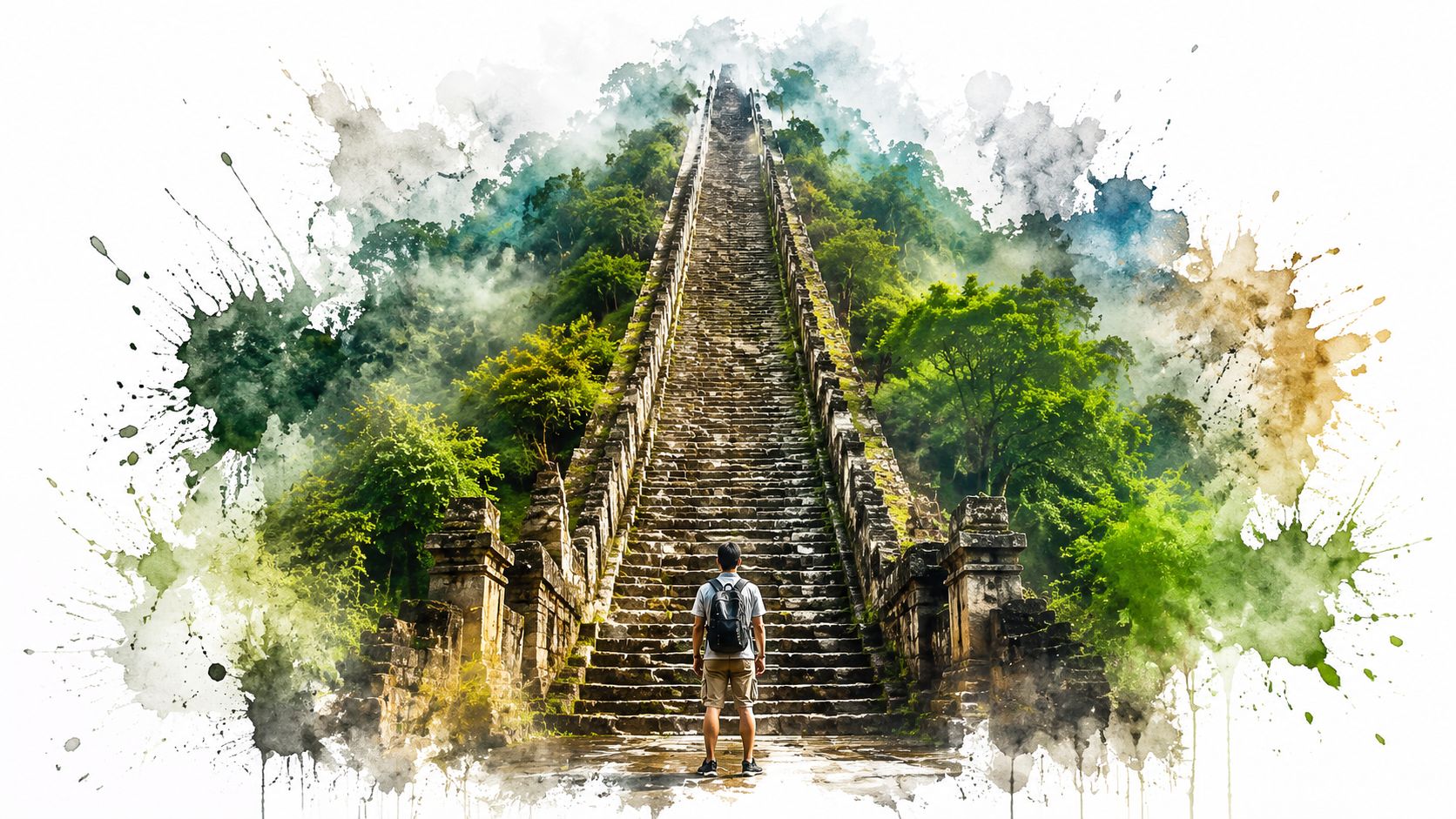A traveler with a backpack stands before a long, steep staircase leading up a misty, forest-covered hill.