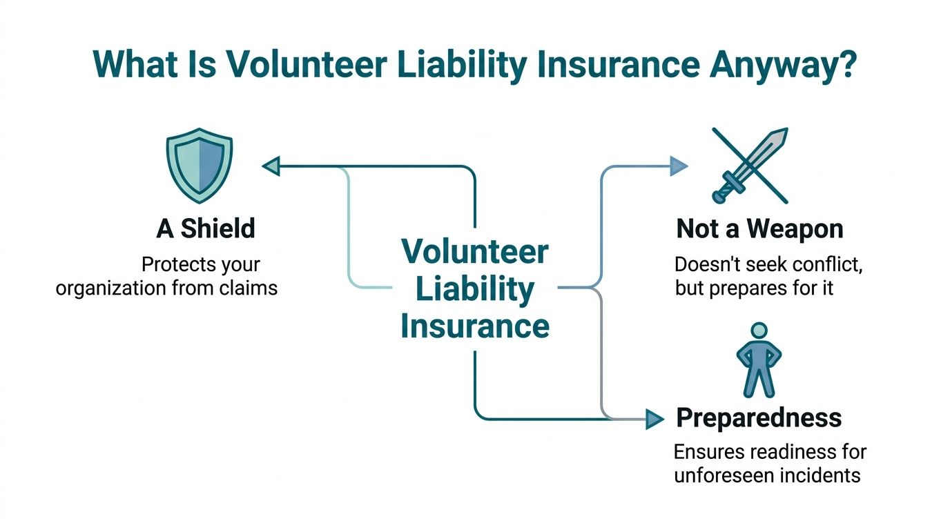 An infographic explaining volunteer liability insurance using icons of a shield, a sword, and a person.