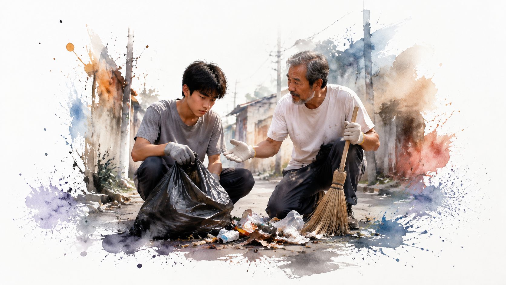 A young man and an elderly mentor cleaning up litter from a street as part of community service.
