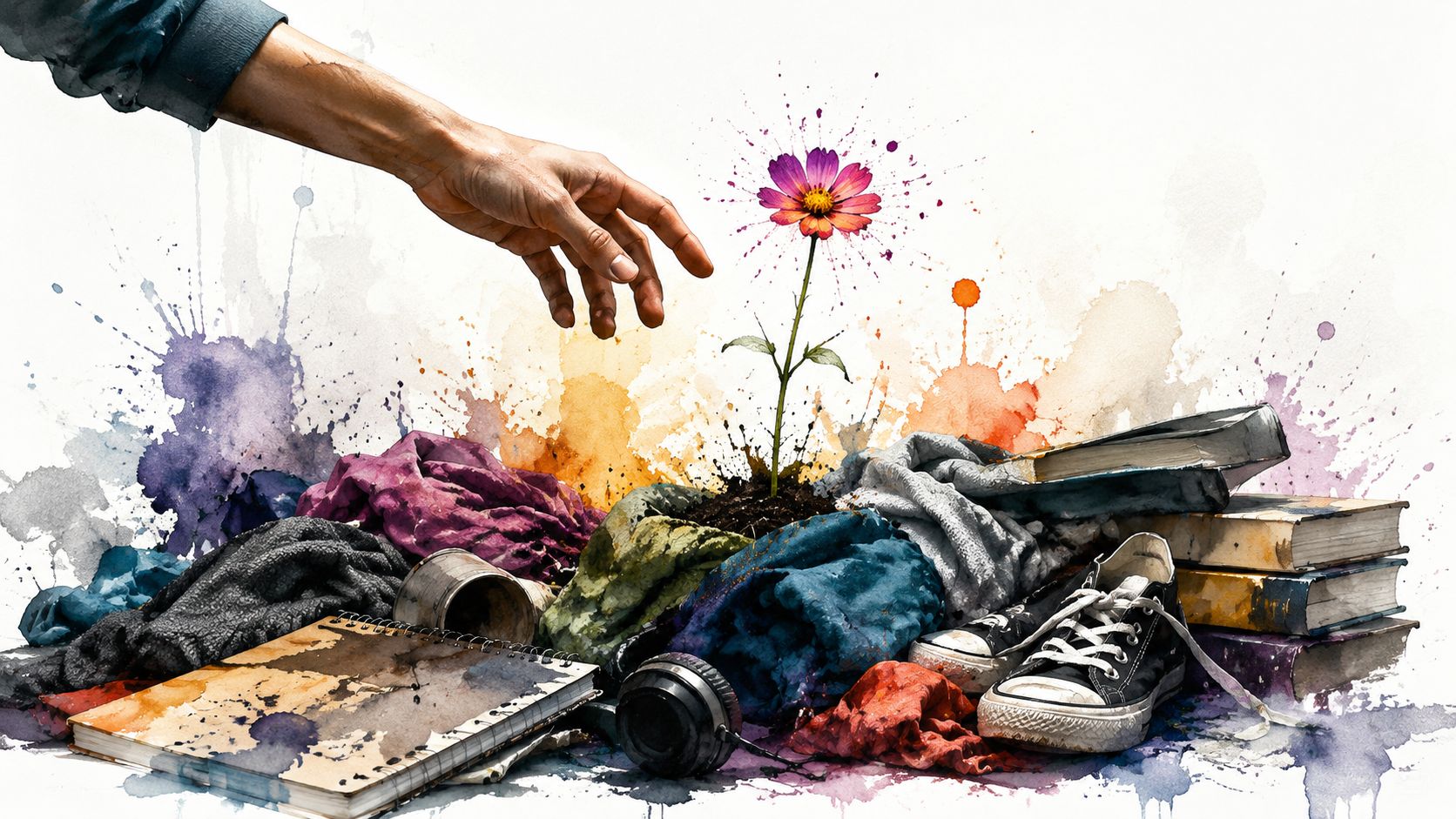 An artistic illustration featuring a human hand reaching toward a single flower growing from scattered items