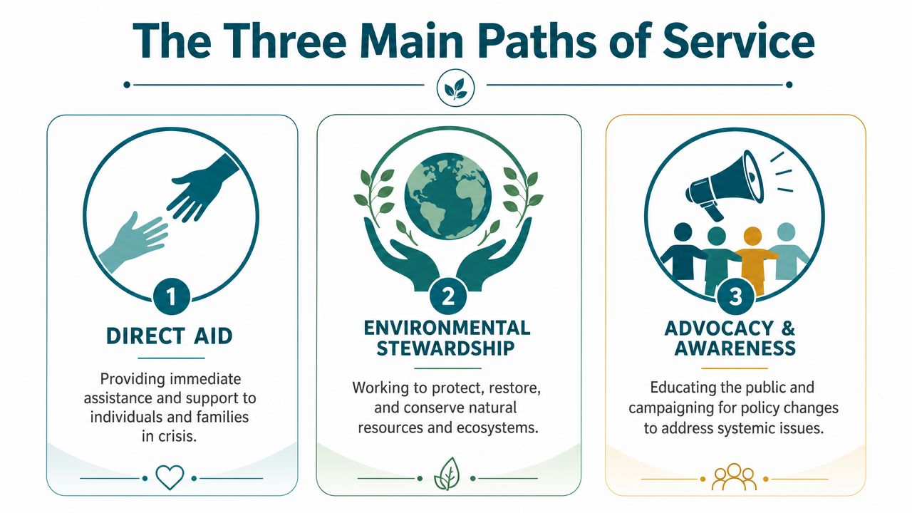 An infographic detailing the three main paths of service: direct aid, environmental stewardship, and advocacy and awareness.