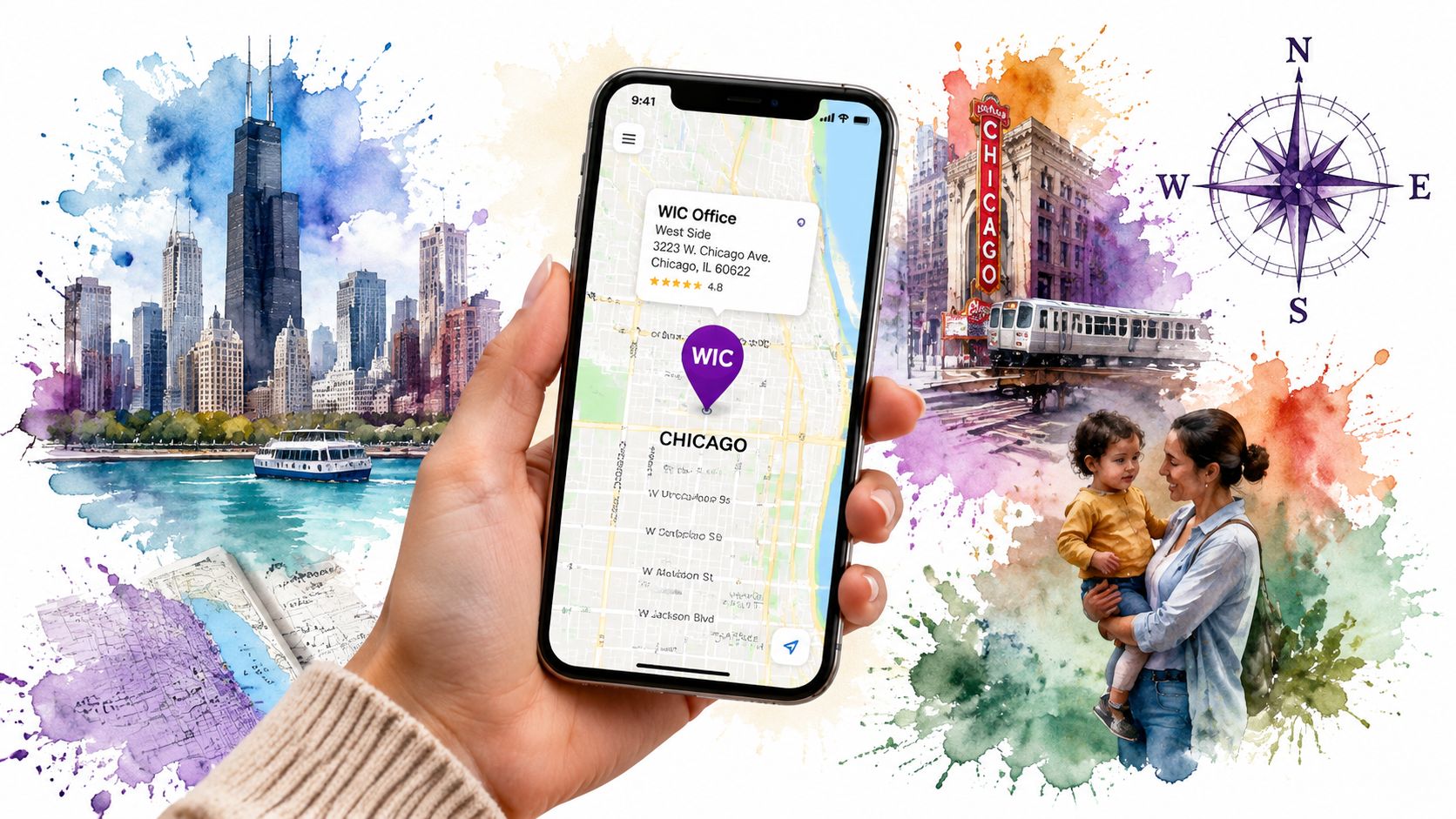 A hand holds a smartphone displaying a map for a WIC office in Chicago, Illinois.