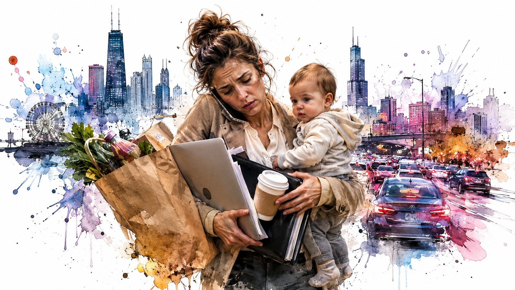 A stressed mother carrying a baby, laptop, coffee, and groceries against a Chicago cityscape background.