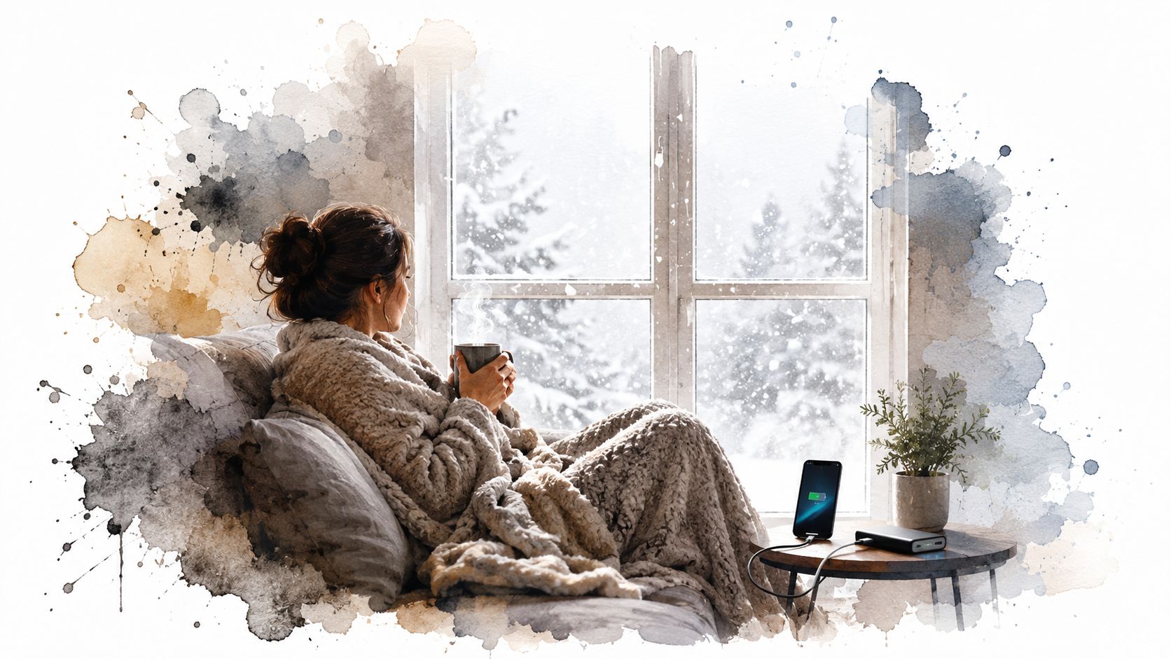 A woman wrapped in a blanket sits by a snowy window, holding a warm steaming mug.