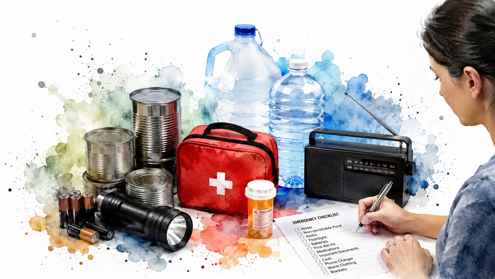 A person checking off items on an emergency preparedness list next to supplies like water, food, and medicine.