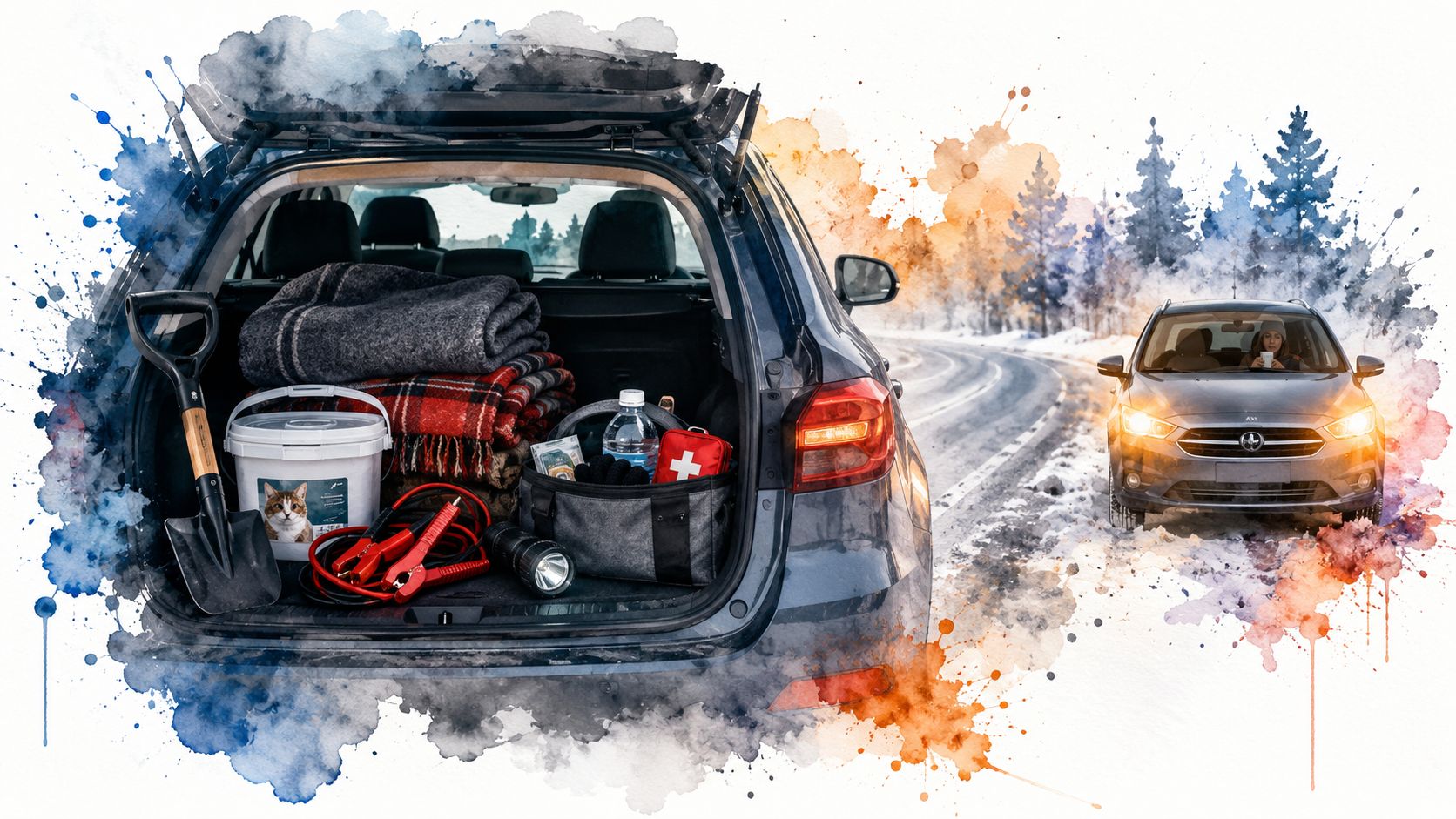 Open car trunk packed with winter emergency supplies next to a snowy road with a vehicle driver.