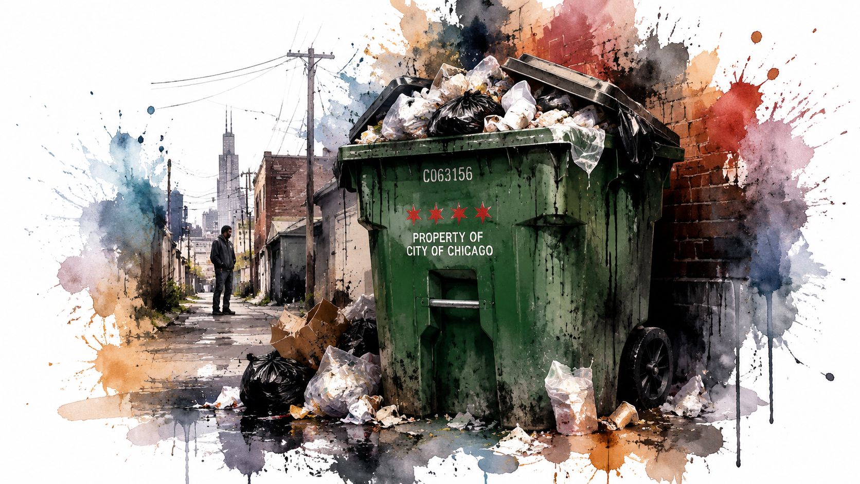 A green City of Chicago dumpster overflowing with trash in an urban alleyway with city skyline background.