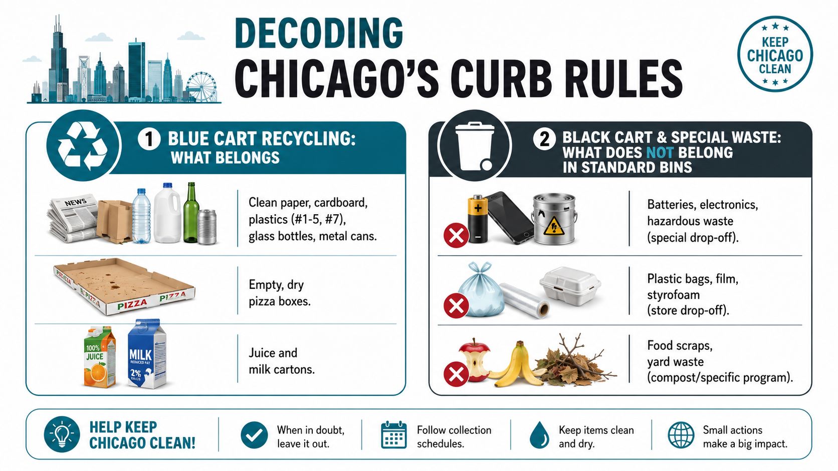 An infographic titled Decoding Chicago's Curb Rules, showing items that belong in blue recycling carts versus black bins.