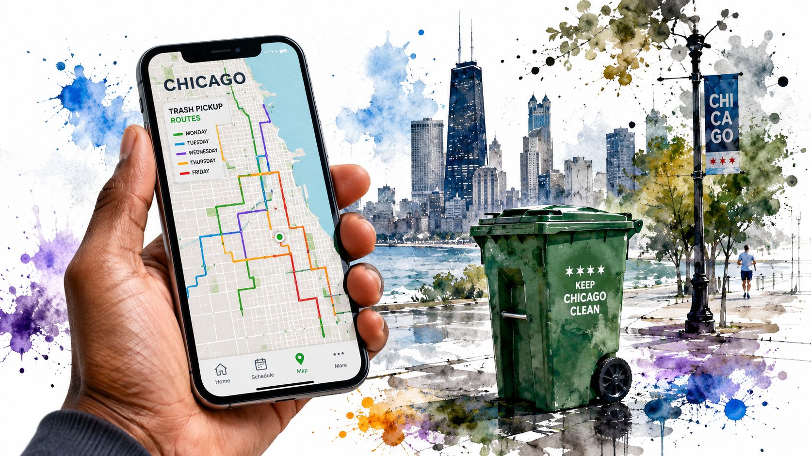 A person holding a smartphone displaying a Chicago trash pickup schedule map with a green trash bin nearby.