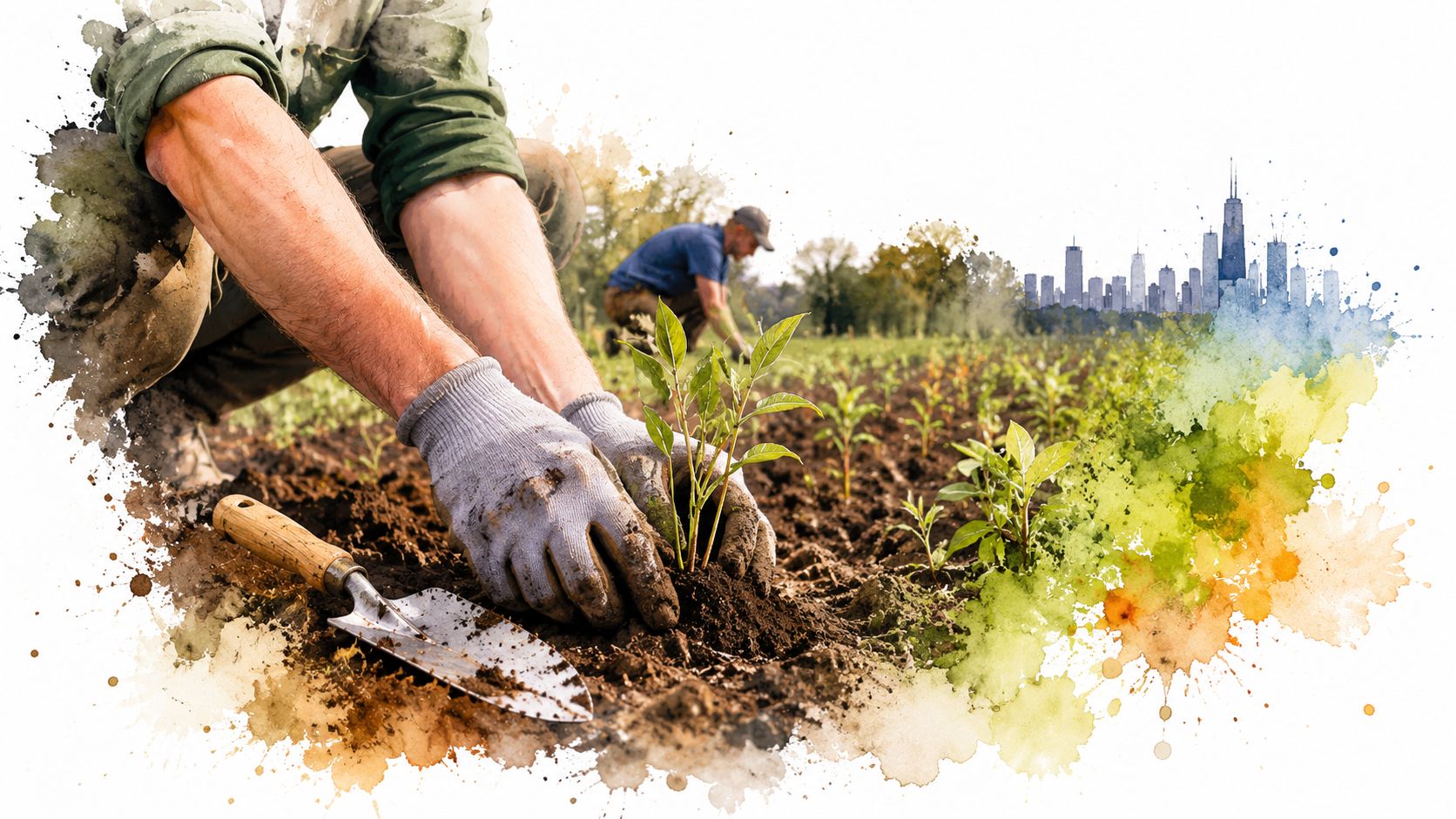 A volunteer plants a small sapling in a community garden with the Chicago skyline in the distance.