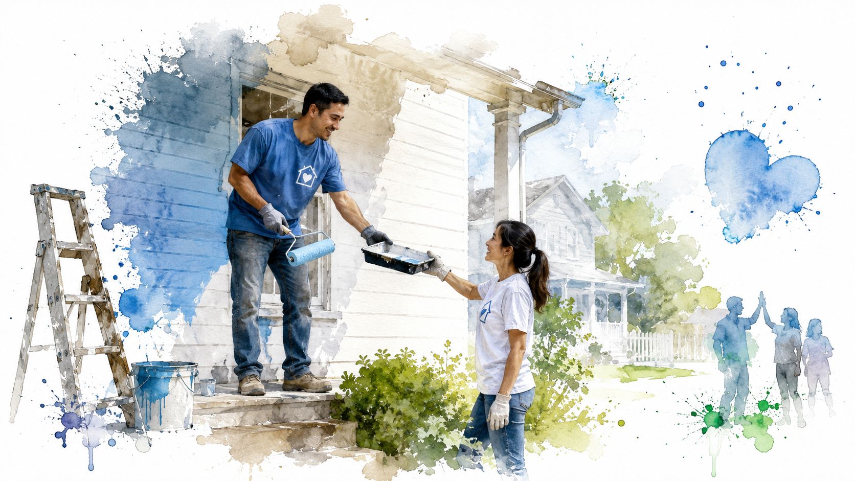 A man and woman volunteering together to paint a house in a community service project.