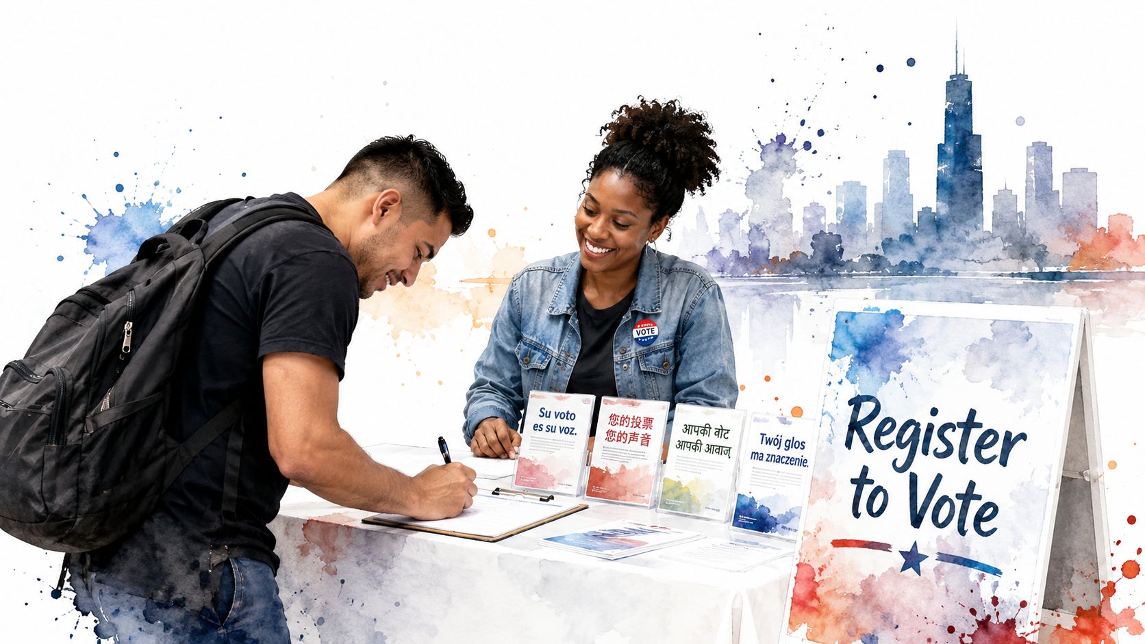 A woman helping a man register to vote at a table with Chicago skyline art in background.
