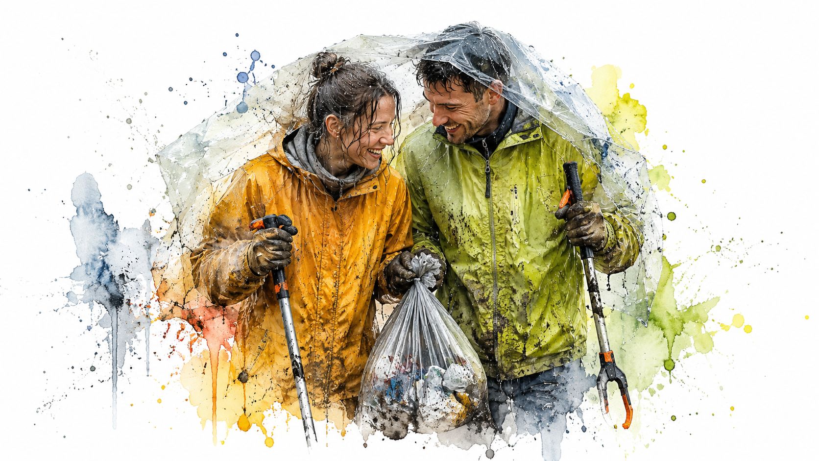 A happy couple trekking together in raincoats while collecting litter in a plastic bag during cleanup.
