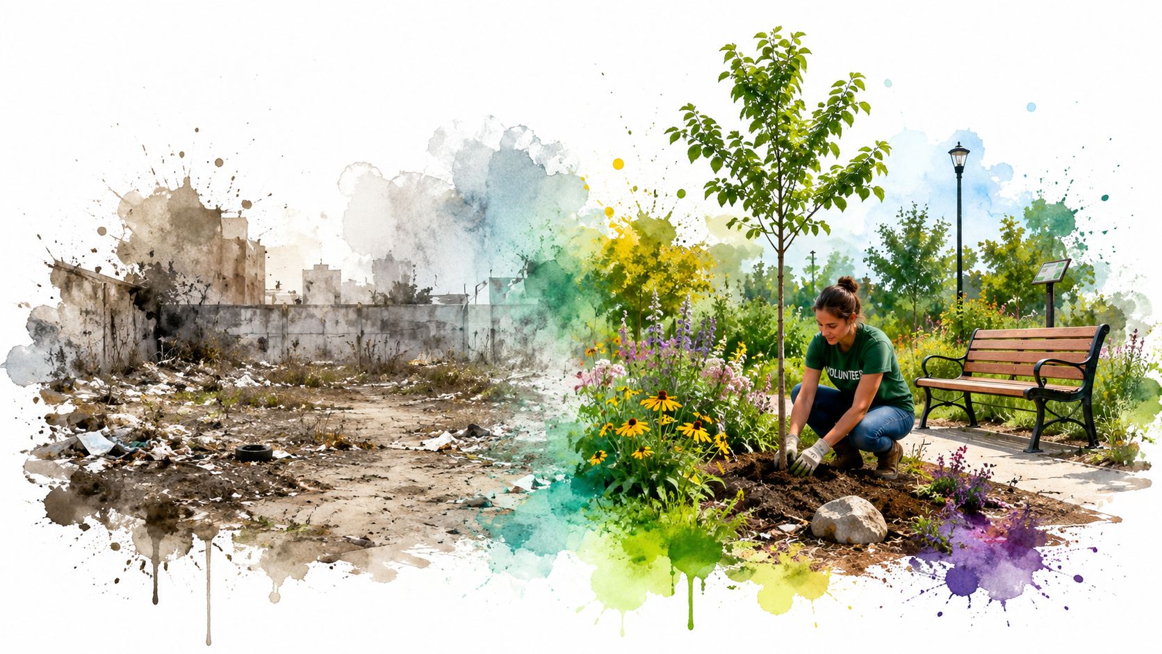 A volunteer woman plants a tree in a park, transforming a neglected wasteland into a vibrant garden.
