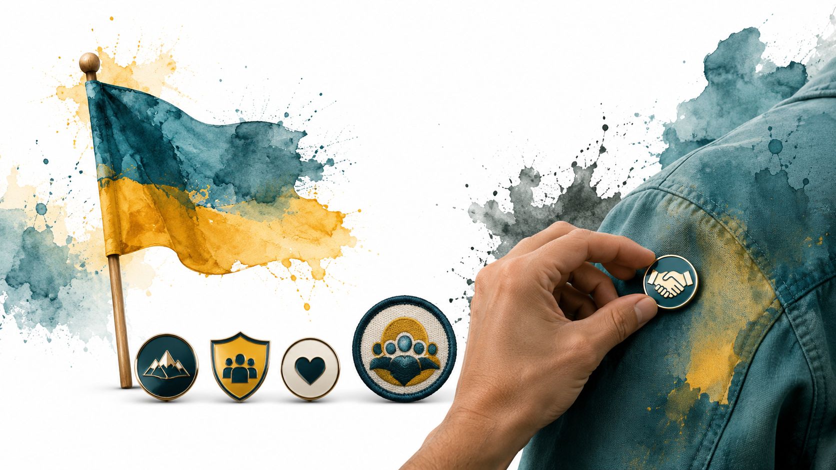 A hand placing a handshake pin on a teal jacket next to a Ukrainian flag with patches.
