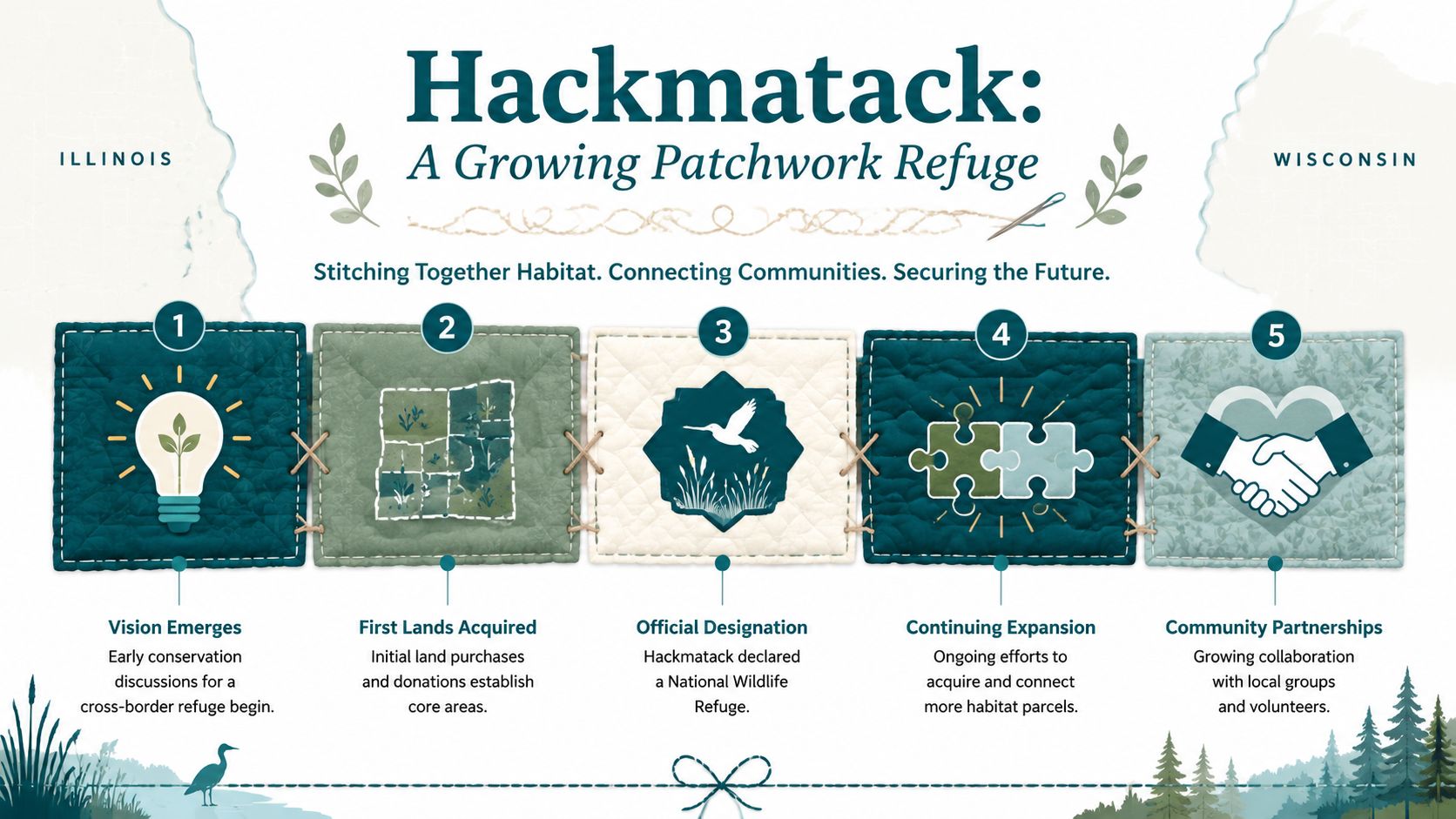 An infographic showing the five-step process of establishing the Hackmatack National Wildlife Refuge across Illinois and Wisconsin.
