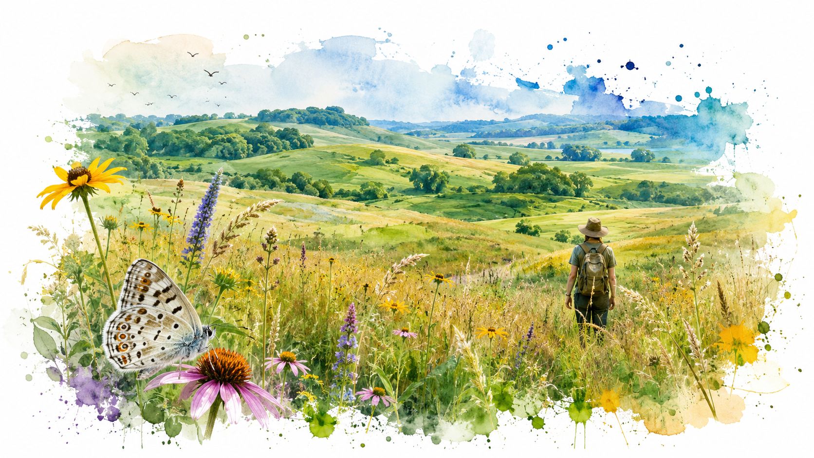 A person with a backpack hikes through the scenic, rolling prairies of Hackmatack National Wildlife Refuge.