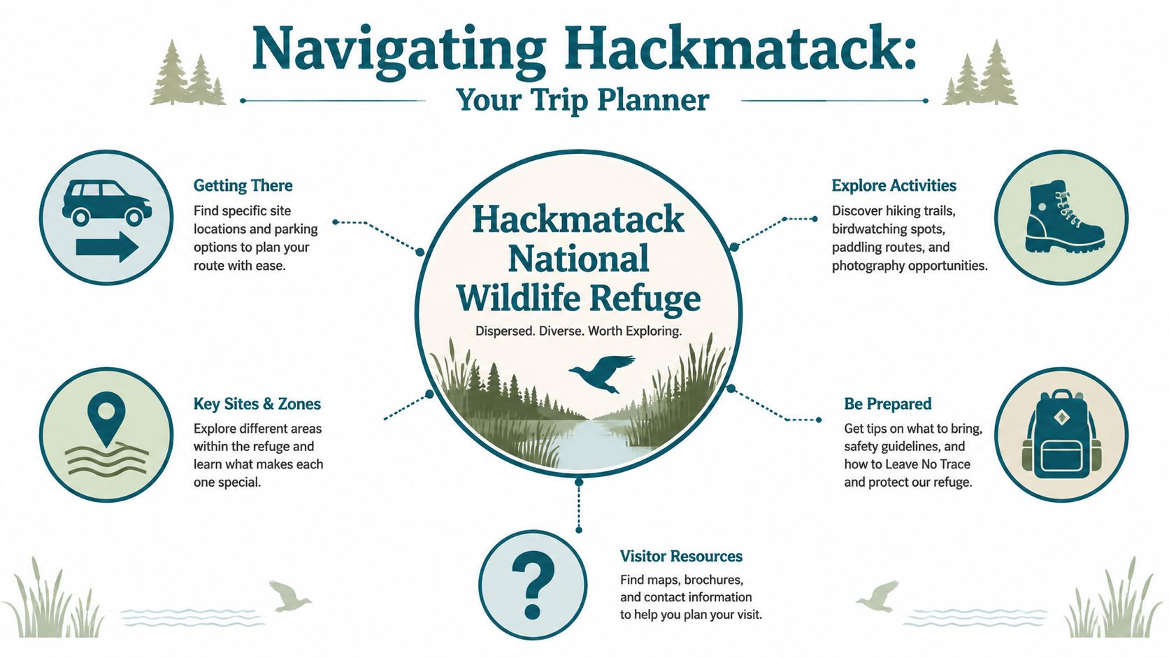 An infographic titled Navigating Hackmatack, showcasing a trip planner for the Hackmatack National Wildlife Refuge.