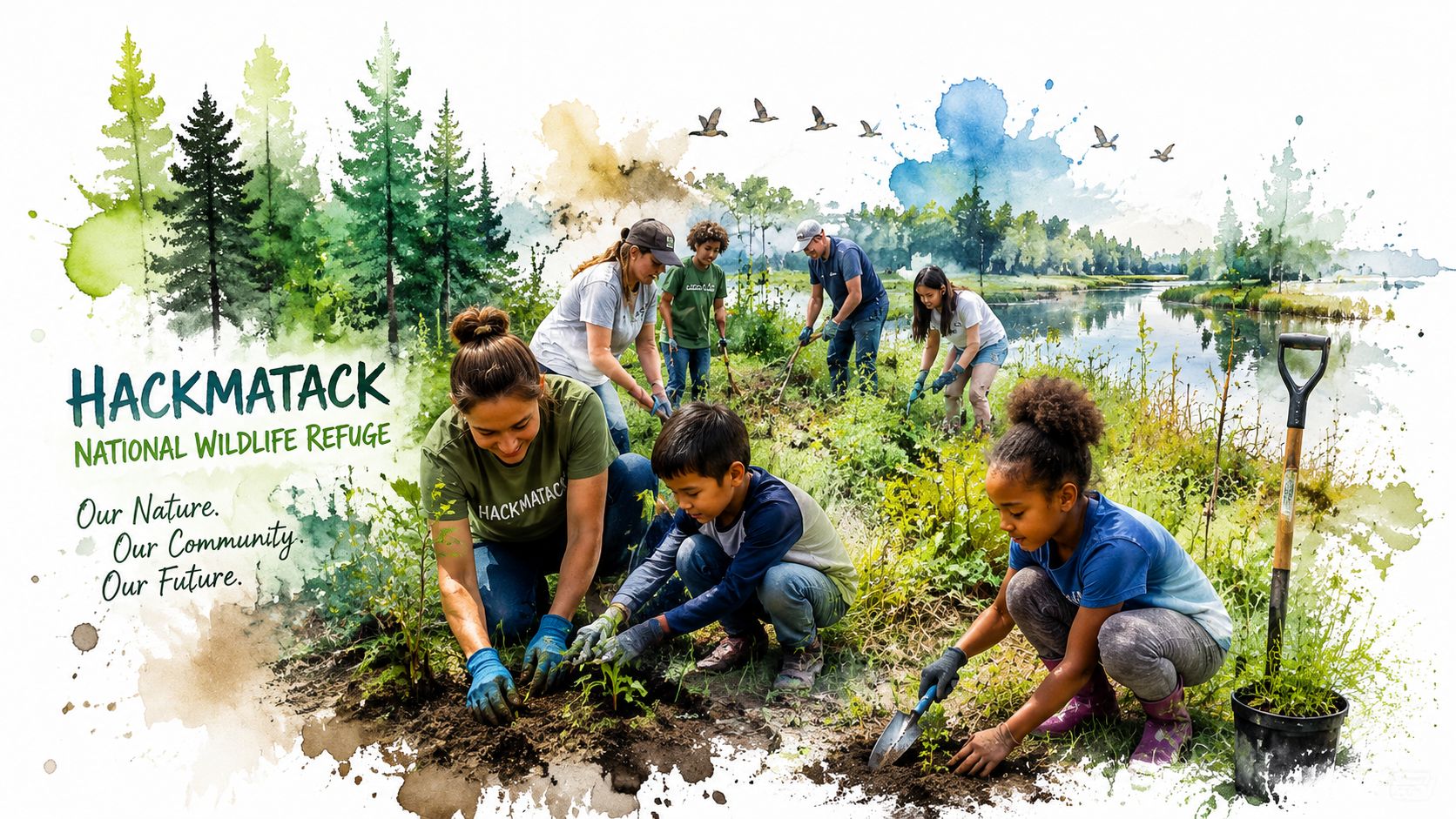 A diverse group of volunteers planting trees at Hackmatack National Wildlife Refuge on a sunny day.