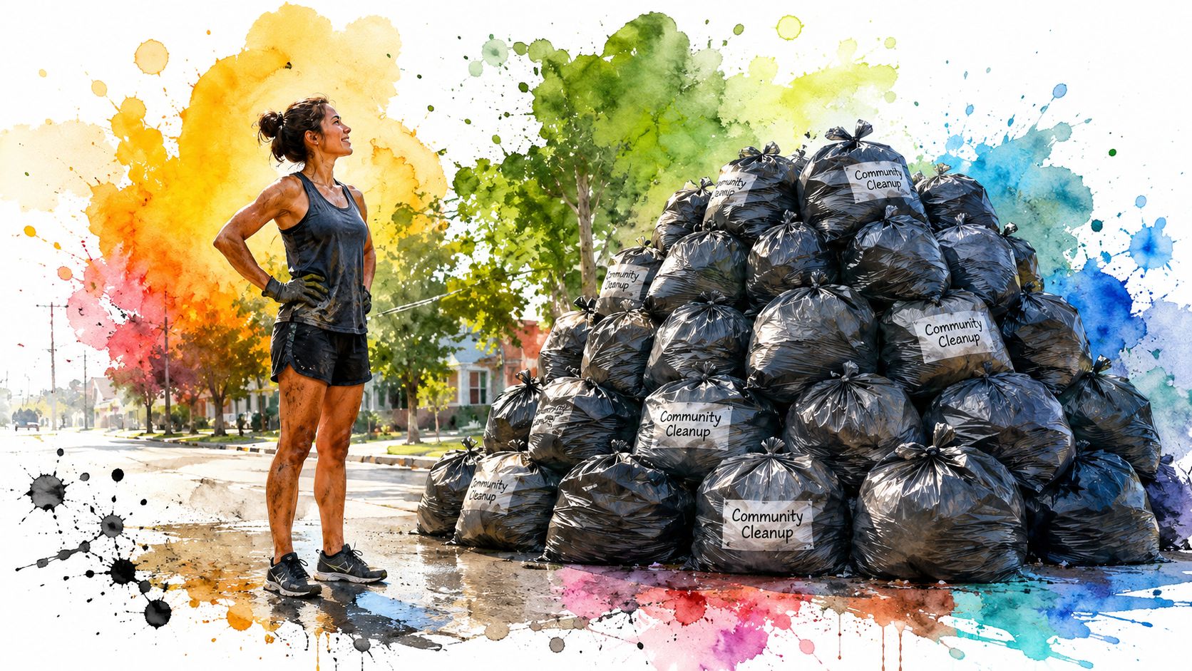 A woman stands proudly next to a large pile of garbage bags labeled Community Cleanup, symbolizing environmental impact.