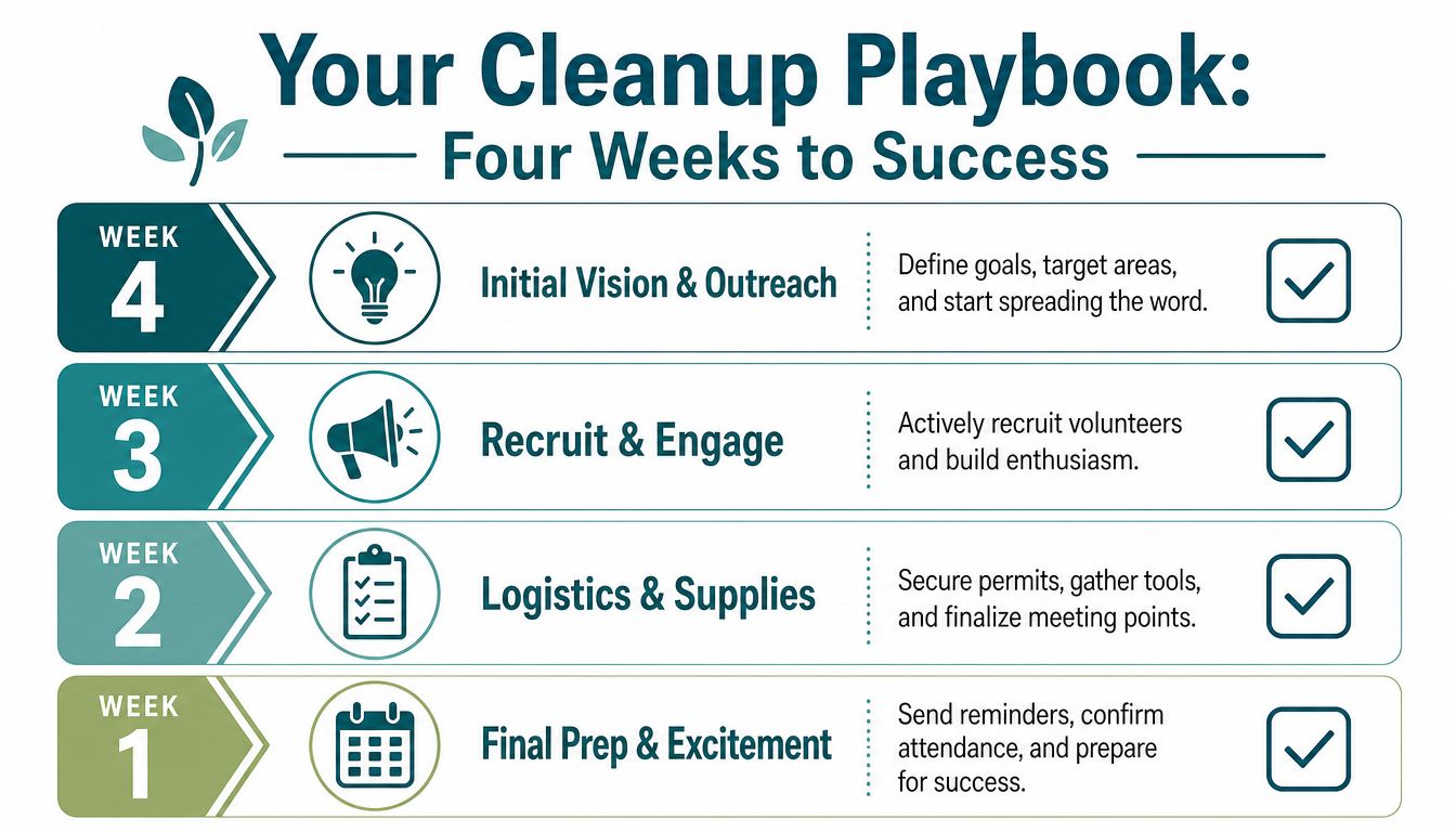 A four-week roadmap infographic for organizing a successful community cleanup event, from vision to final preparation.