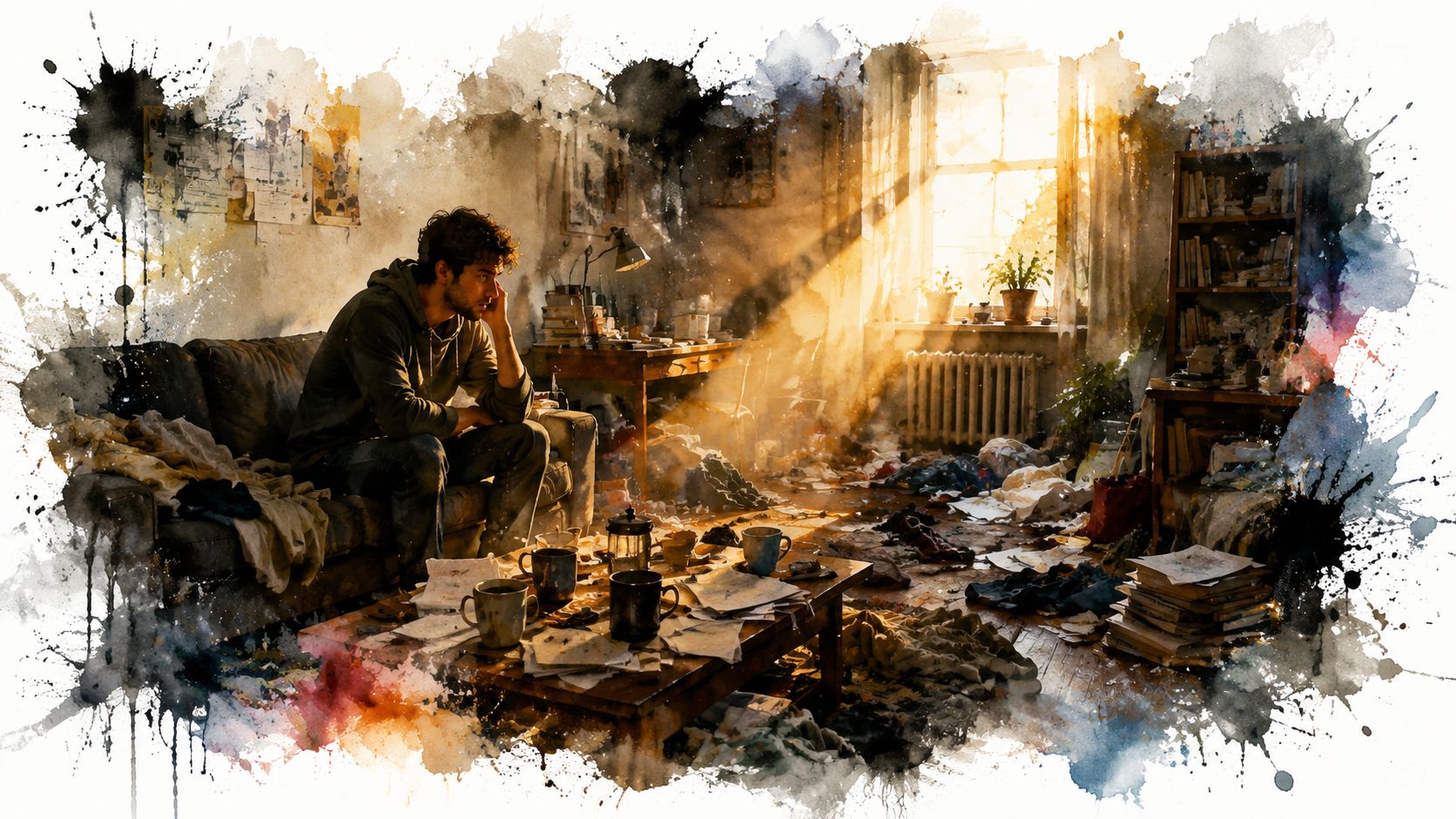 A man looking distressed while sitting in a very cluttered, messy, and disorganized apartment living room.