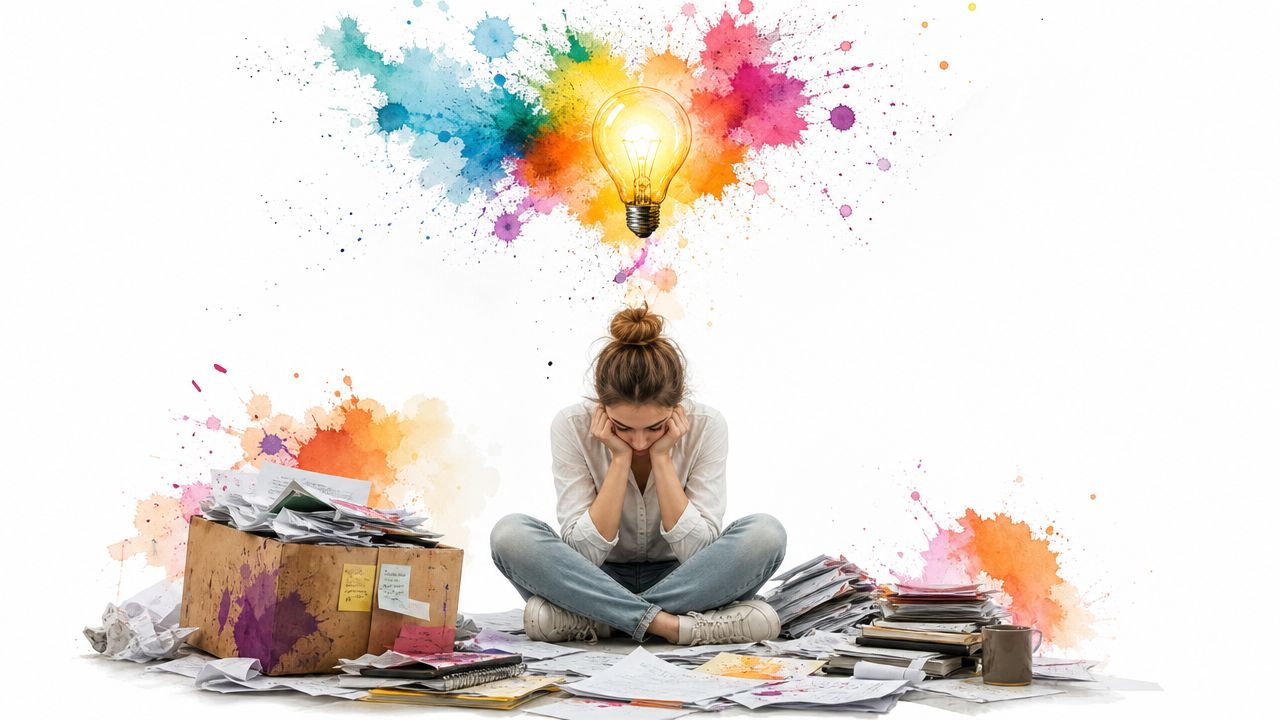 A woman sitting on the floor surrounded by messy paperwork with a bright lightbulb icon above.
