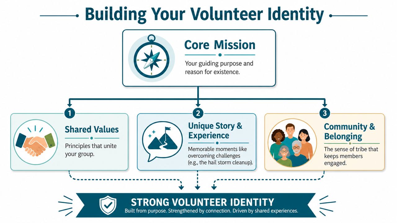 An infographic titled Building Your Volunteer Identity, showing the core mission supported by values, stories, and community.