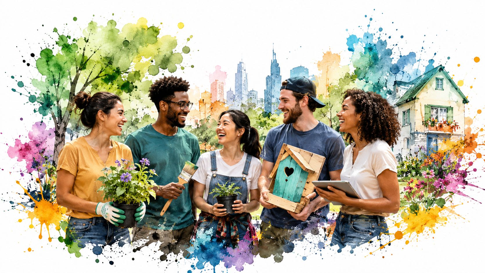 A diverse group of friends smiling and working together on community gardening and home improvement projects.