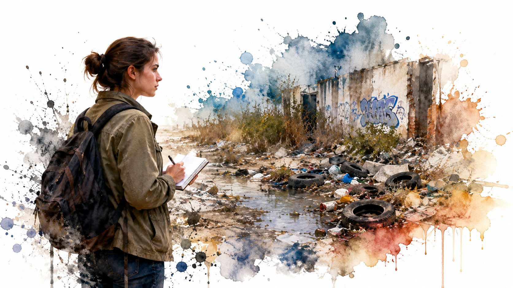 A woman with a backpack takes notes in front of a ruined building surrounded by illegal trash.