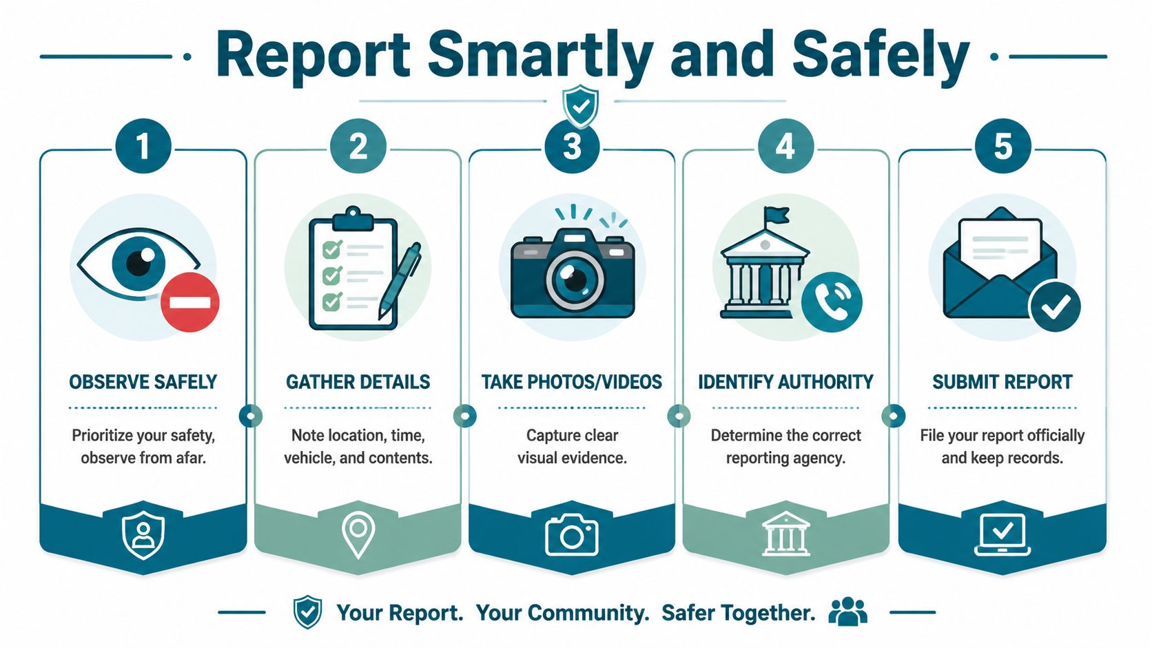 An infographic detailing five numbered steps to report incidents smartly and safely in your community.
