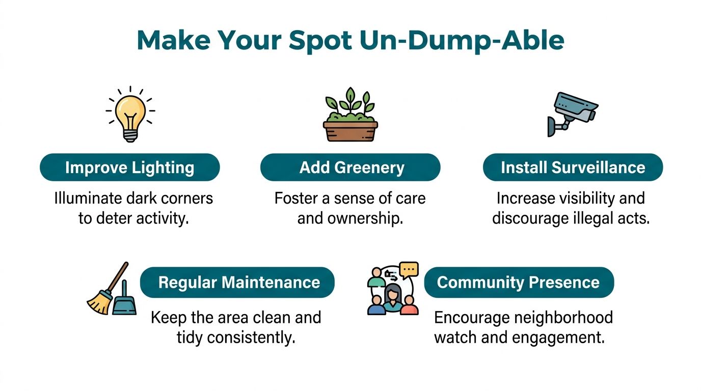 An infographic titled Make Your Spot Un-Dump-Able with five tips to prevent illegal dumping in areas.
