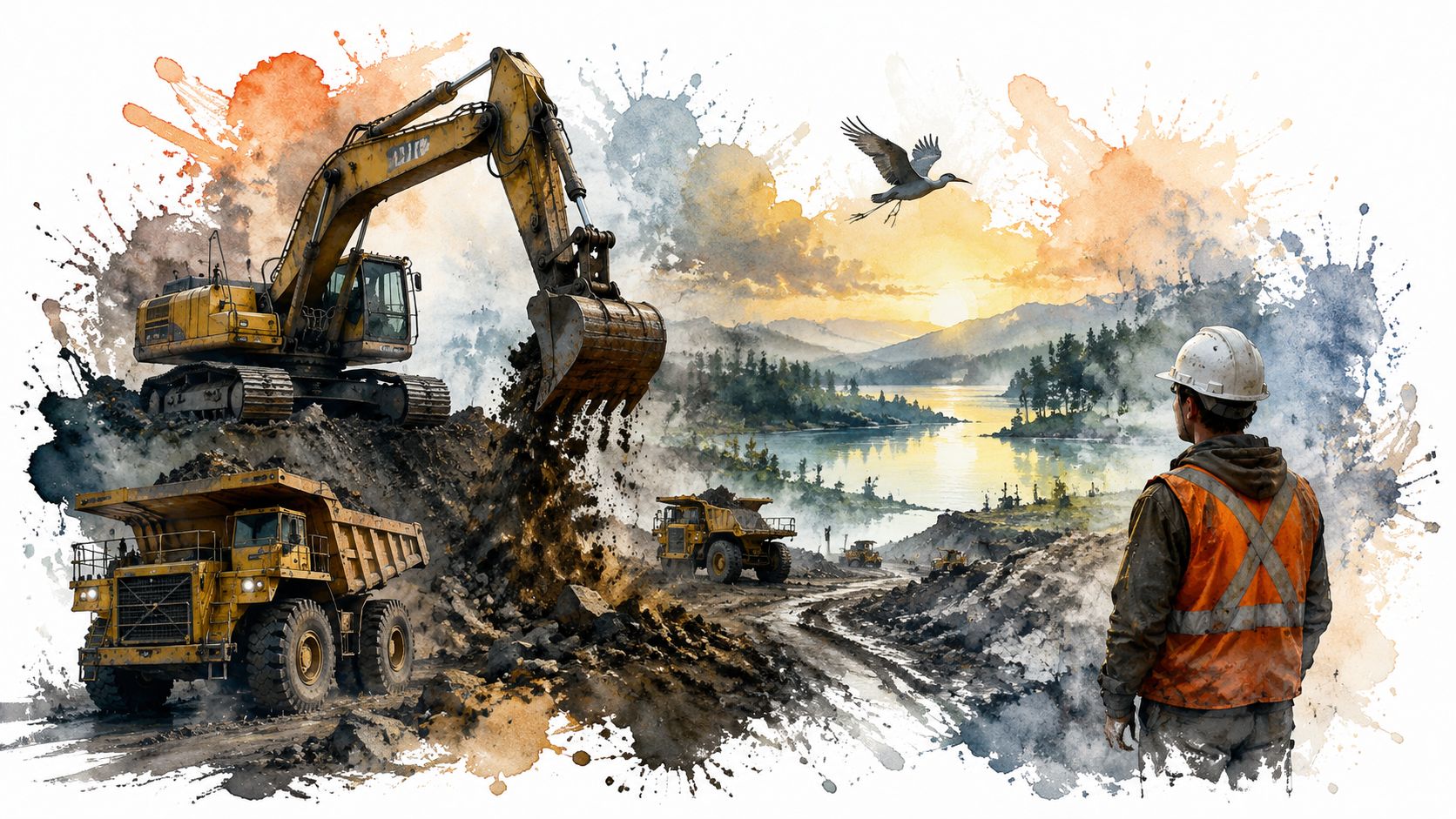 A worker in safety gear watches heavy mining machinery operating at a construction site near a scenic lake.