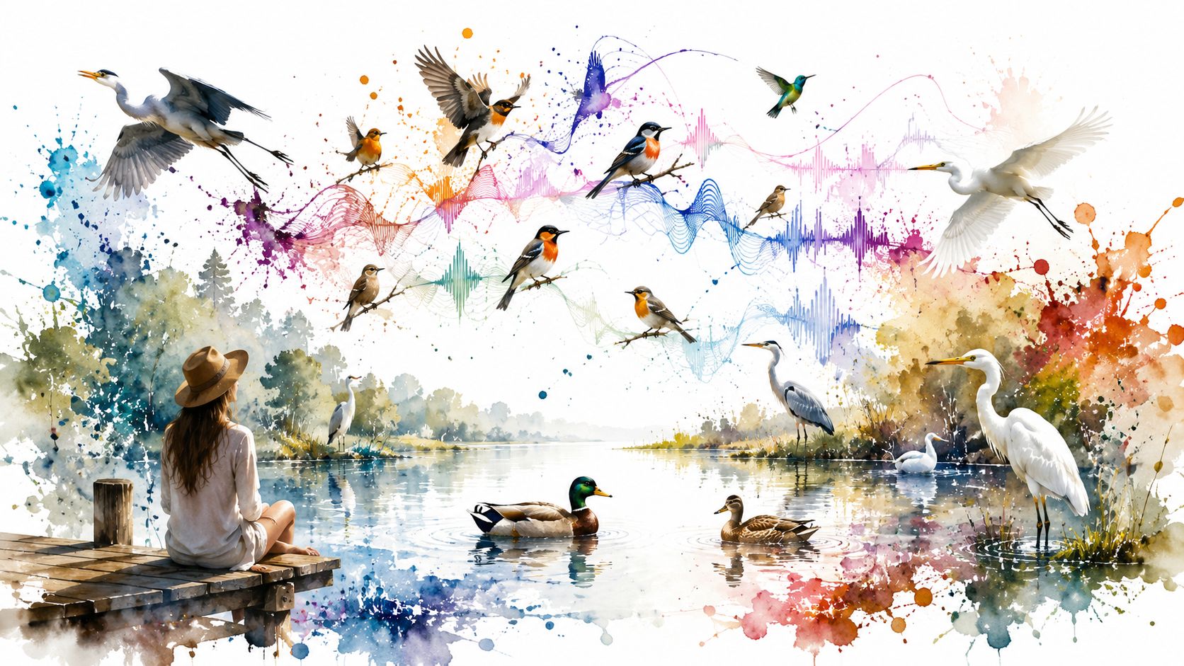 A woman sits on a wooden dock overlooking a lake with various birds and abstract colorful patterns.