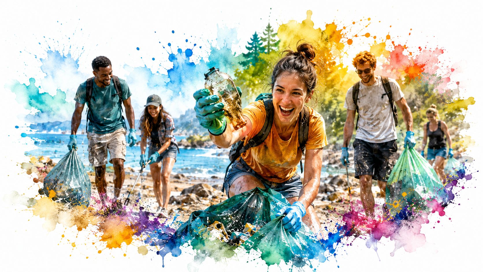 A diverse group of volunteers cleaning up trash on a beach to promote environmental conservation efforts.