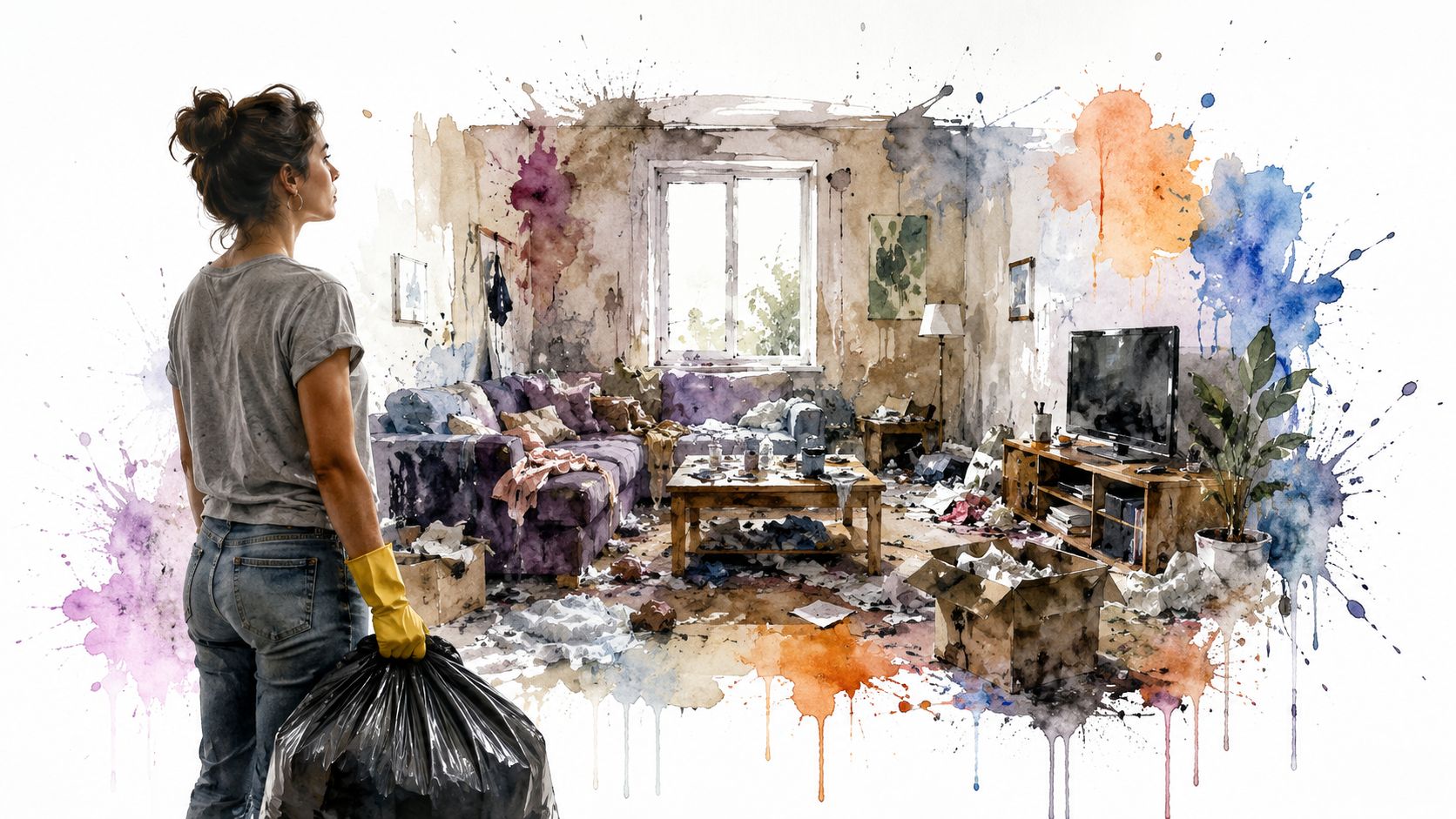 A woman holding a trash bag standing in a messy living room needing cleaning and organizing.