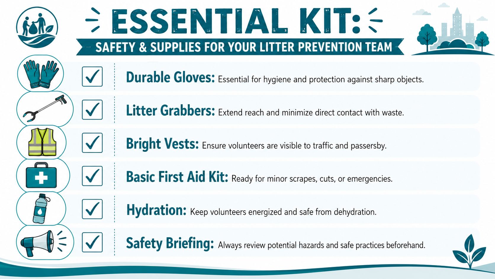 A safety infographic showing six essential items for volunteer litter prevention teams including protective gear and supplies.