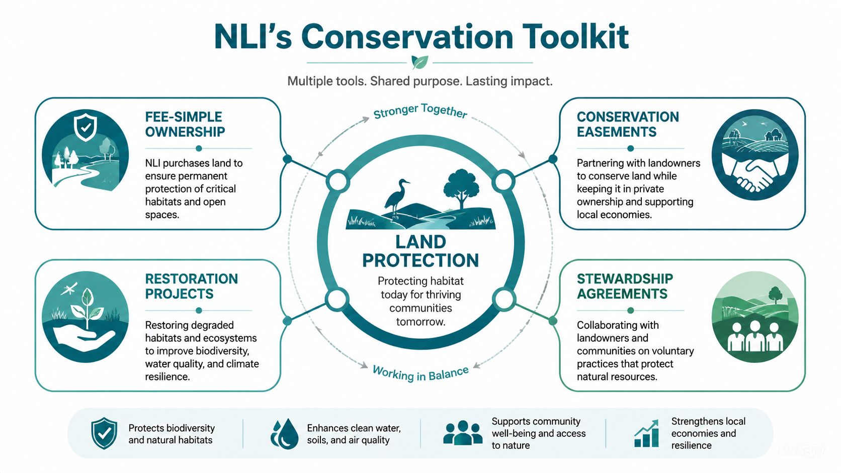 An infographic titled NLI's Conservation Toolkit illustrating four methods for land protection and environmental preservation.