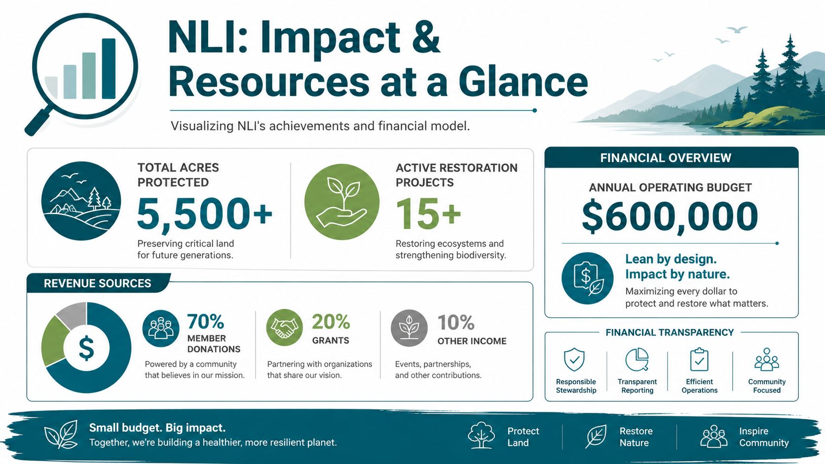 An infographic showing Natural Land Institute's impact metrics, annual budget, and financial revenue breakdown for environmental protection.