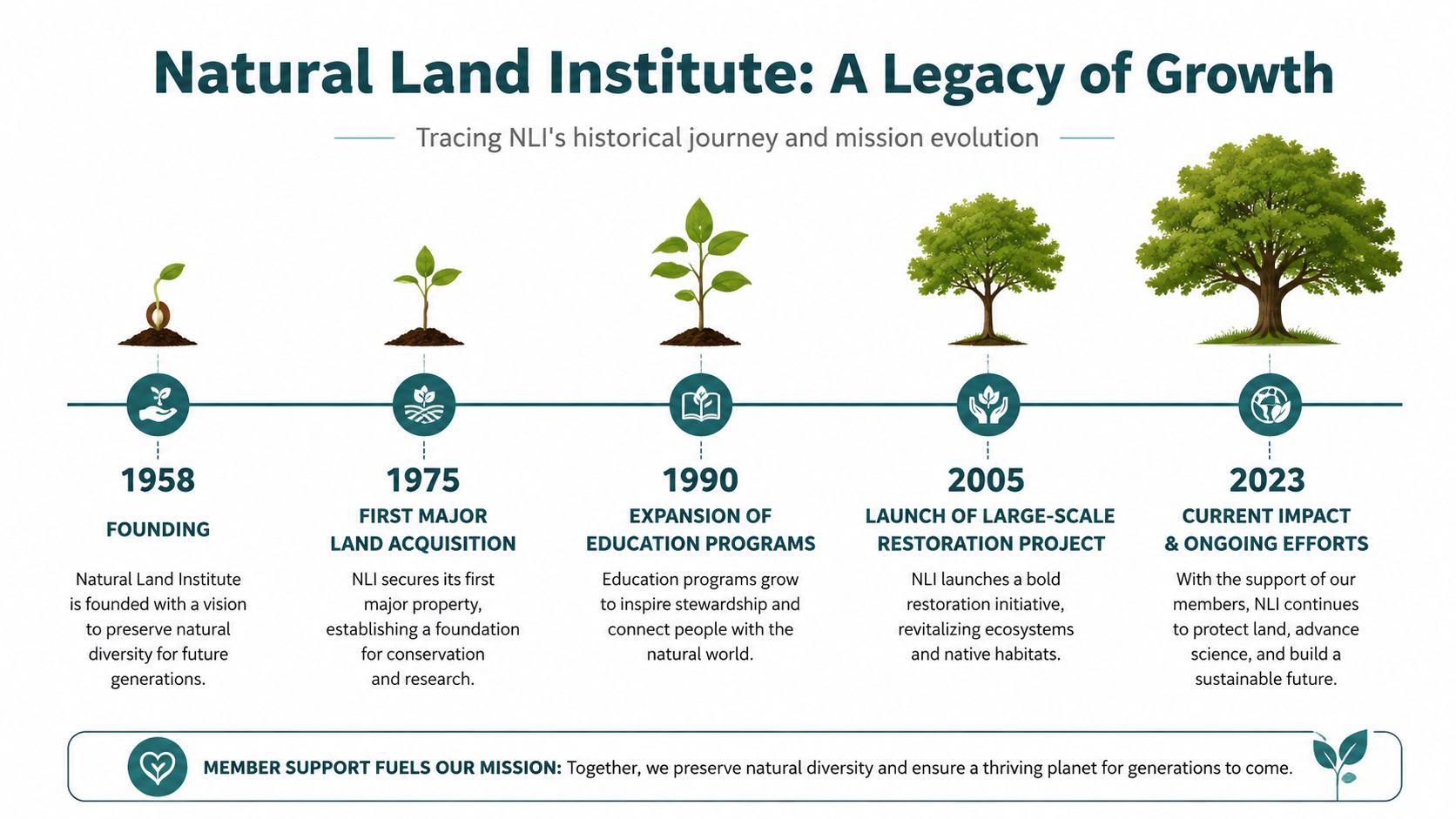A timeline graphic showing the historical growth of the Natural Land Institute from 1958 to 2023.