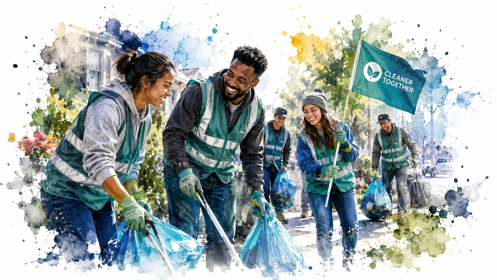 A diverse group of volunteers in high-visibility vests working together to clean up their neighborhood streets.