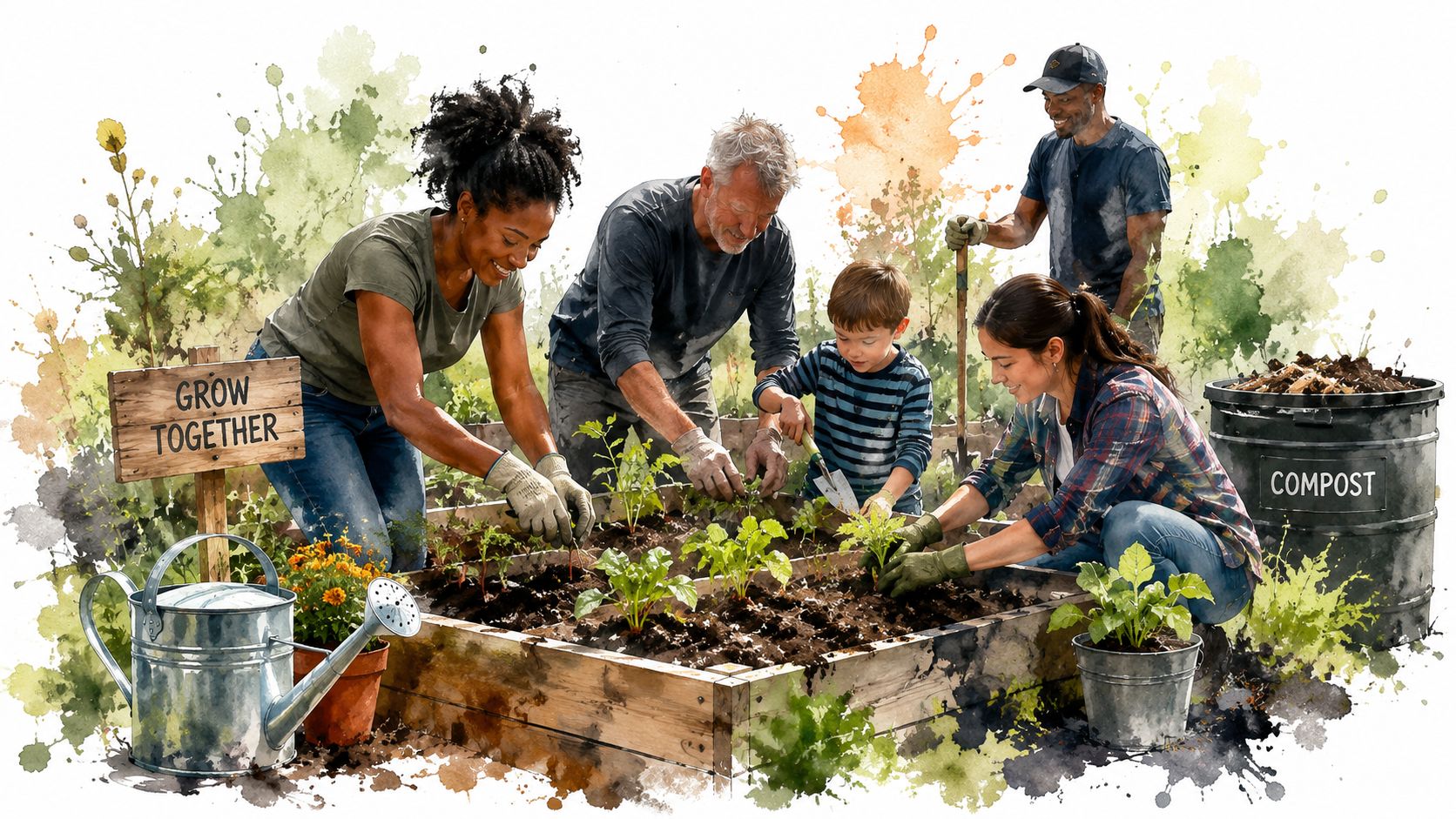 A multi-generational diverse group of people planting vegetables together in a community garden raised bed.