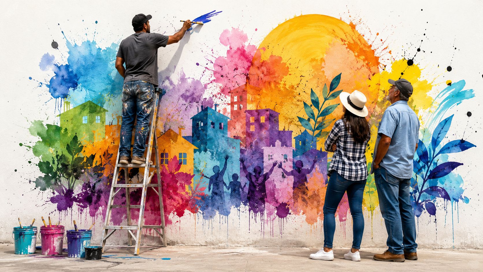 An artist on a ladder paints a colorful community mural featuring city silhouettes for observers.