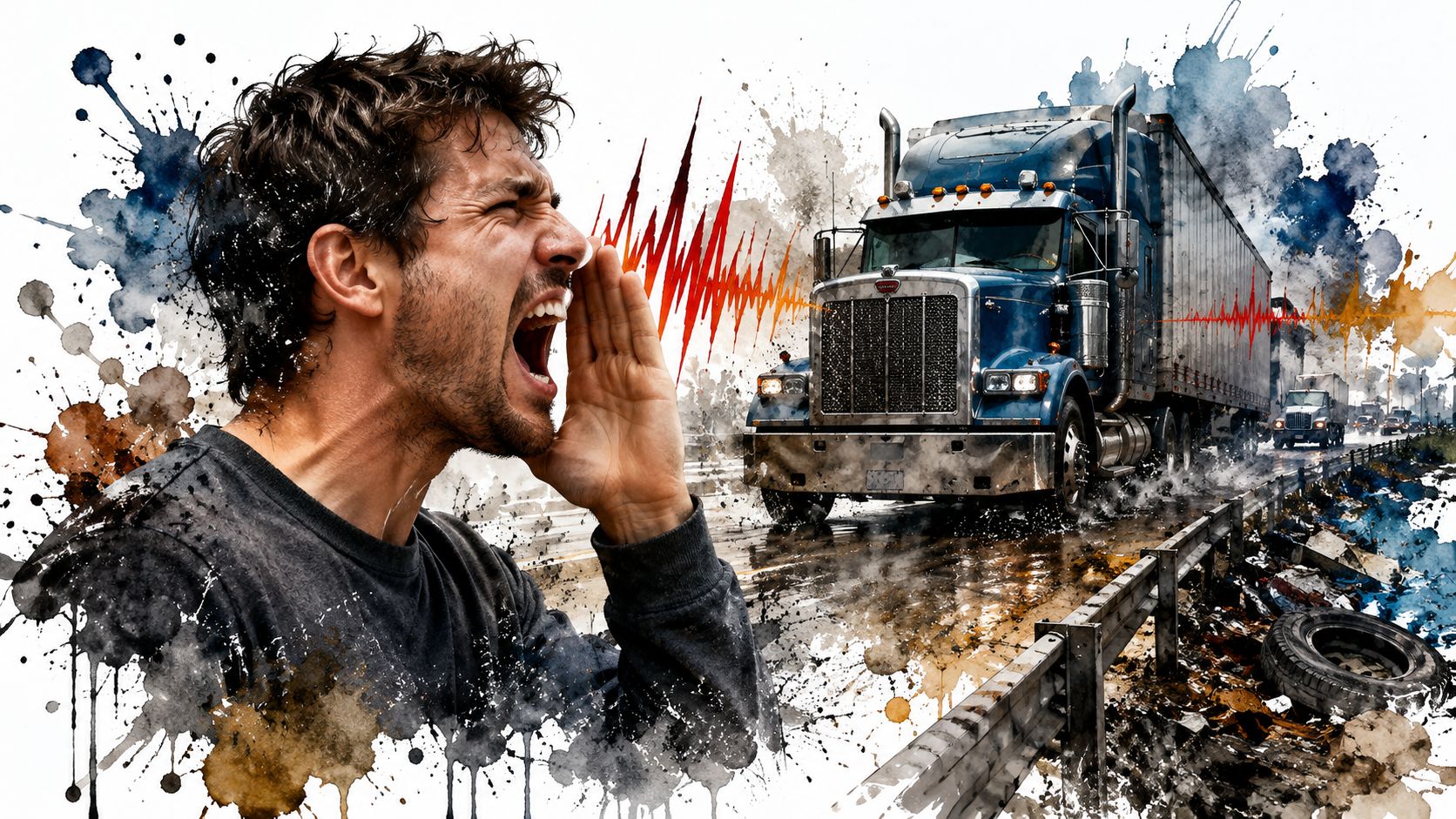 A man shouting in frustration beside a busy road with a large semi-truck driving by during rain.