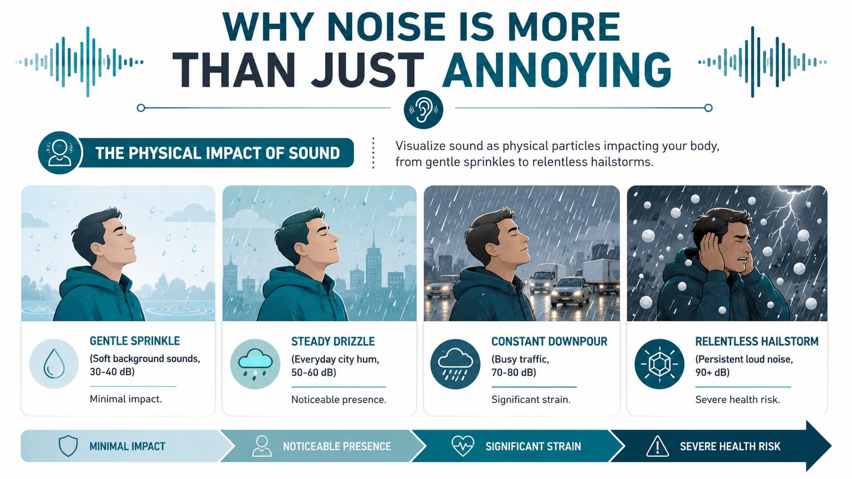 An infographic visualizing how different levels of environmental noise affect human health using weather metaphors.